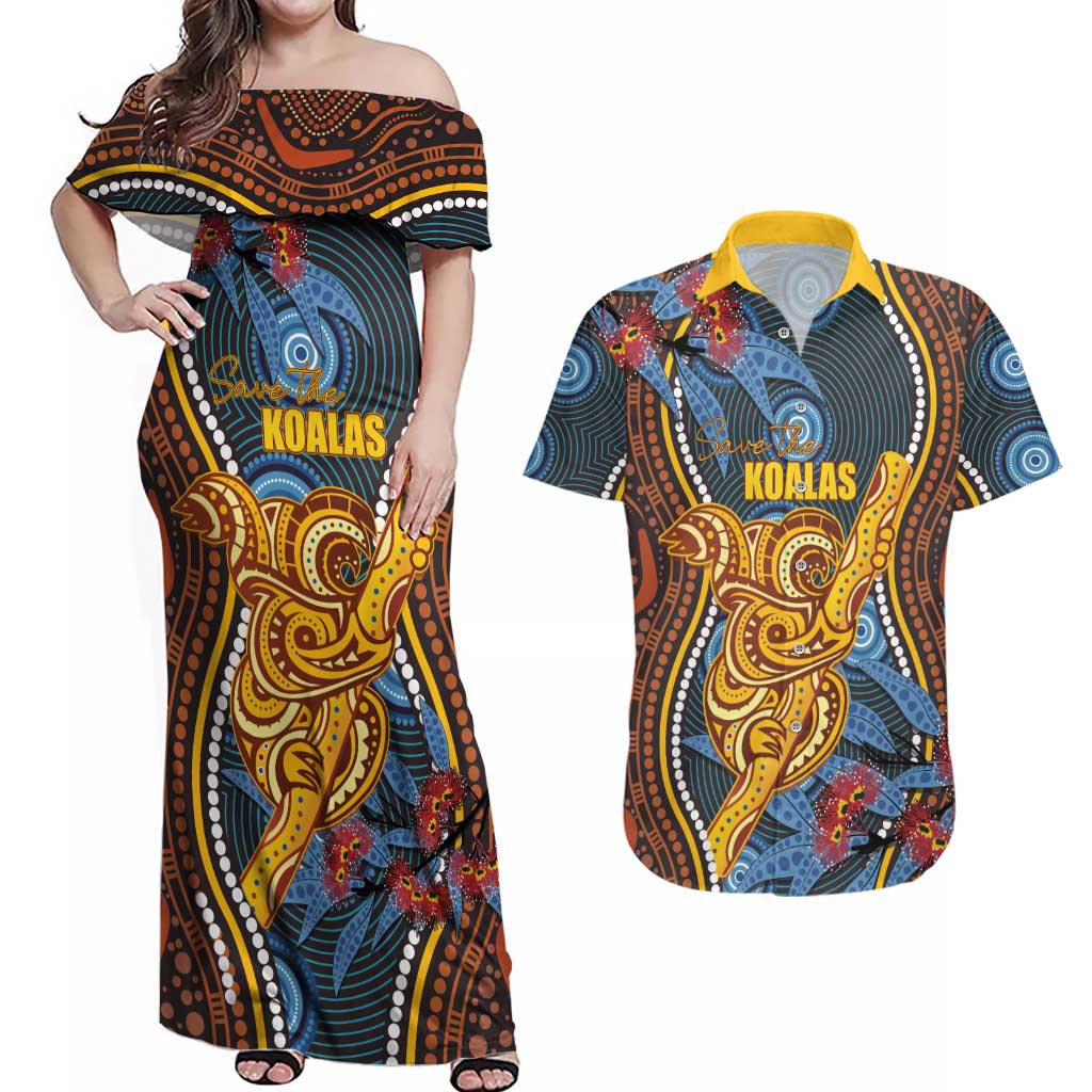 Aboriginal Dot Painting Koala Bear Personalised Couples Matching Off Shoulder Maxi Dress and Hawaiian Shirt Aussie Eucalyptus Caesia Flowers
