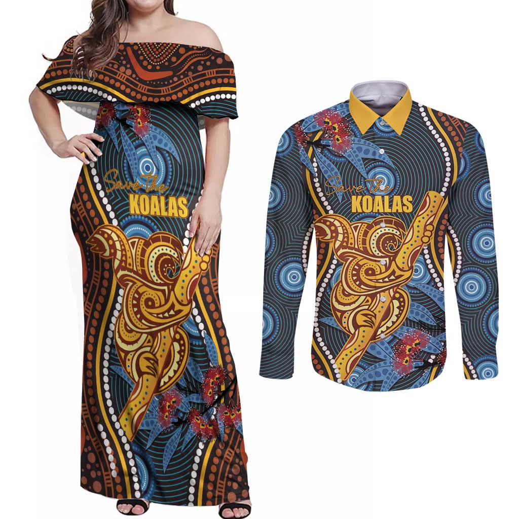 Aboriginal Dot Painting Koala Bear Personalised Couples Matching Off Shoulder Maxi Dress and Long Sleeve Button Shirt Aussie Eucalyptus Caesia Flowers