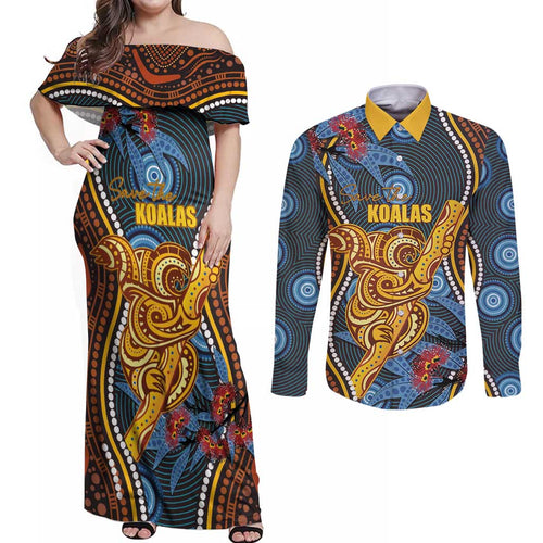 Aboriginal Dot Painting Koala Bear Personalised Couples Matching Off Shoulder Maxi Dress and Long Sleeve Button Shirt Aussie Eucalyptus Caesia Flowers