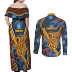 Aboriginal Dot Painting Koala Bear Personalised Couples Matching Off Shoulder Maxi Dress and Long Sleeve Button Shirt Aussie Eucalyptus Caesia Flowers