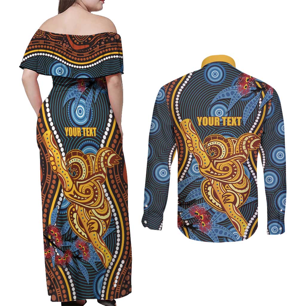 Aboriginal Dot Painting Koala Bear Personalised Couples Matching Off Shoulder Maxi Dress and Long Sleeve Button Shirt Aussie Eucalyptus Caesia Flowers