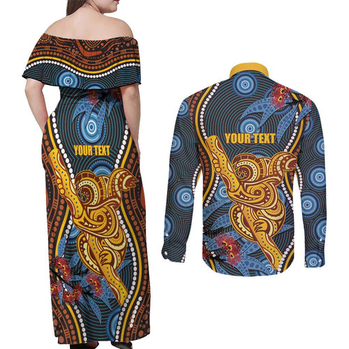 Aboriginal Dot Painting Koala Bear Personalised Couples Matching Off Shoulder Maxi Dress and Long Sleeve Button Shirt Aussie Eucalyptus Caesia Flowers