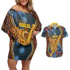 Aboriginal Dot Painting Koala Bear Personalised Couples Matching Off Shoulder Short Dress and Hawaiian Shirt Aussie Eucalyptus Caesia Flowers
