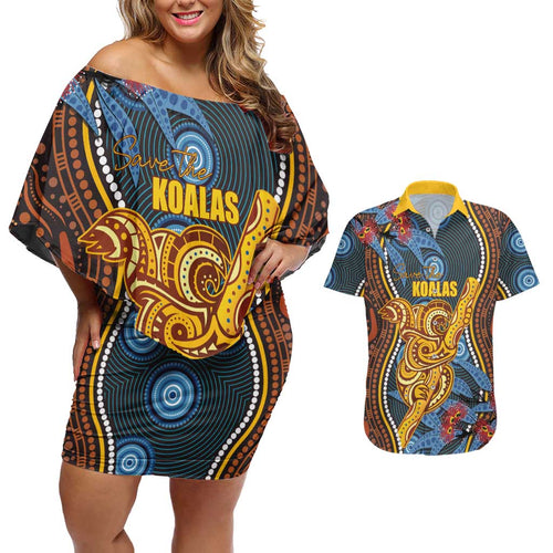 Aboriginal Dot Painting Koala Bear Personalised Couples Matching Off Shoulder Short Dress and Hawaiian Shirt Aussie Eucalyptus Caesia Flowers