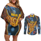 Aboriginal Dot Painting Koala Bear Personalised Couples Matching Off Shoulder Short Dress and Long Sleeve Button Shirt Aussie Eucalyptus Caesia Flowers
