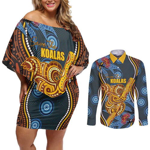 Aboriginal Dot Painting Koala Bear Personalised Couples Matching Off Shoulder Short Dress and Long Sleeve Button Shirt Aussie Eucalyptus Caesia Flowers