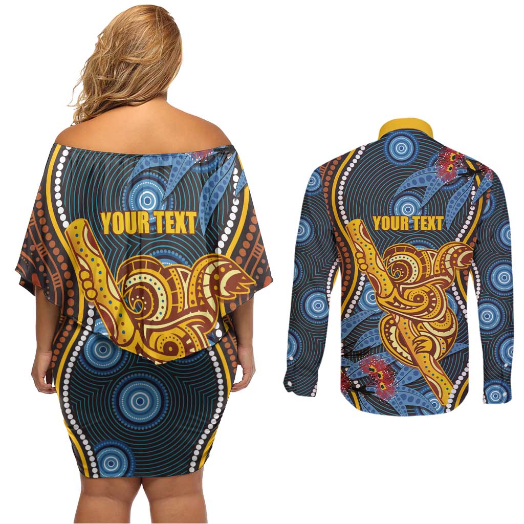 Aboriginal Dot Painting Koala Bear Personalised Couples Matching Off Shoulder Short Dress and Long Sleeve Button Shirt Aussie Eucalyptus Caesia Flowers