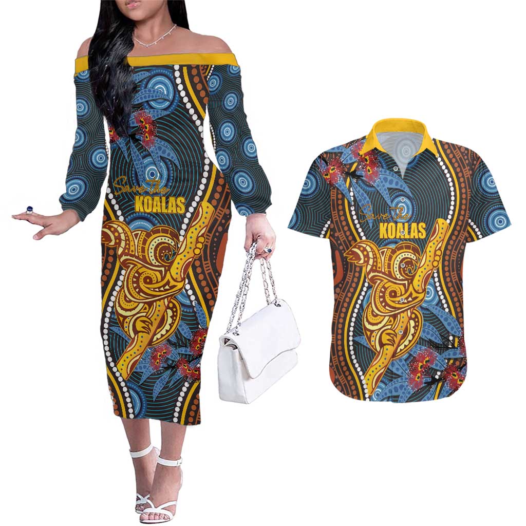 Aboriginal Dot Painting Koala Bear Personalised Couples Matching Off The Shoulder Long Sleeve Dress and Hawaiian Shirt Aussie Eucalyptus Caesia Flowers