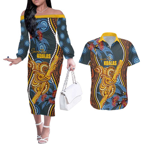 Aboriginal Dot Painting Koala Bear Personalised Couples Matching Off The Shoulder Long Sleeve Dress and Hawaiian Shirt Aussie Eucalyptus Caesia Flowers