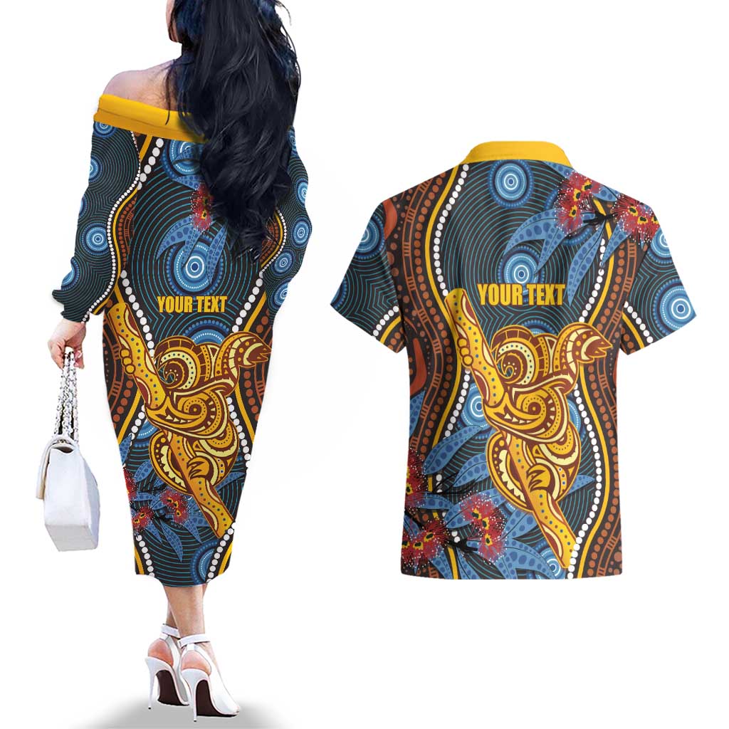 Aboriginal Dot Painting Koala Bear Personalised Couples Matching Off The Shoulder Long Sleeve Dress and Hawaiian Shirt Aussie Eucalyptus Caesia Flowers