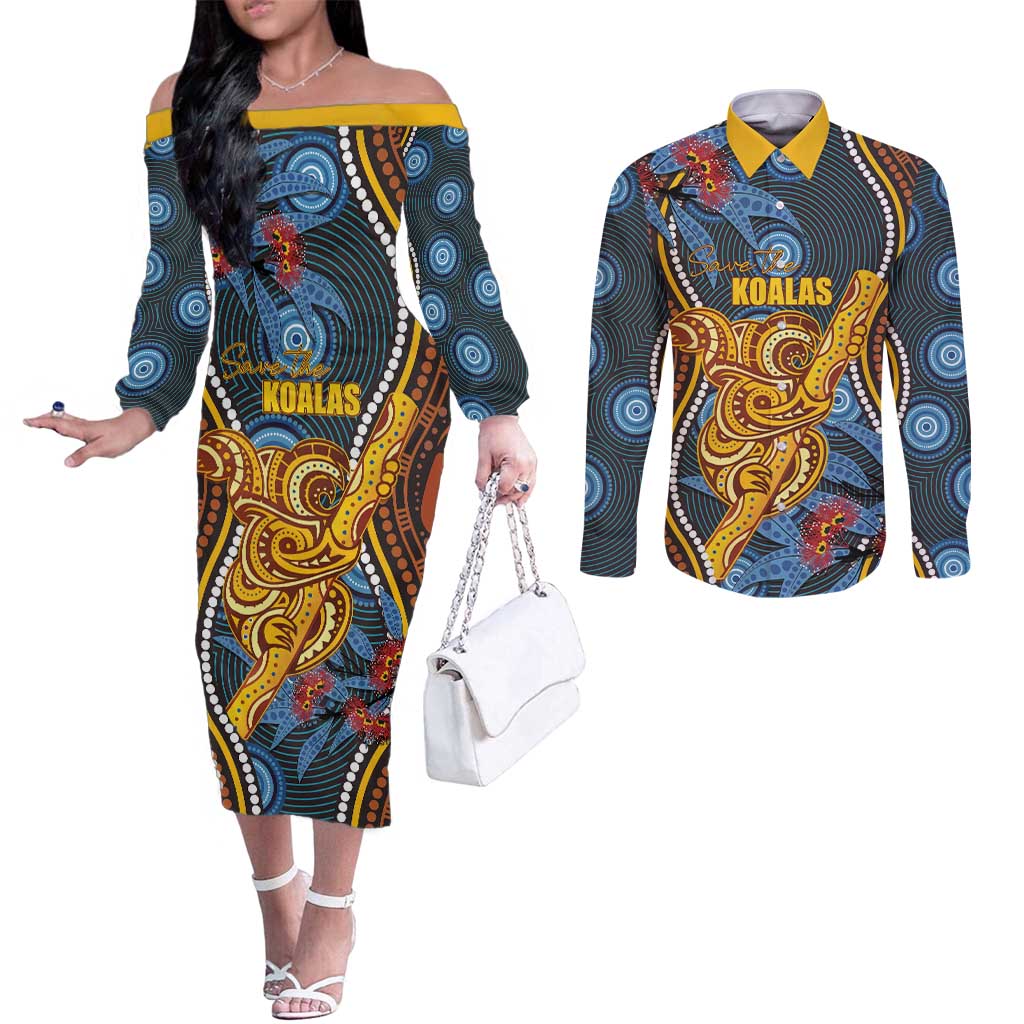 Aboriginal Dot Painting Koala Bear Personalised Couples Matching Off The Shoulder Long Sleeve Dress and Long Sleeve Button Shirt Aussie Eucalyptus Caesia Flowers