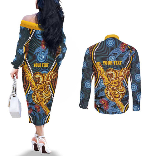 Aboriginal Dot Painting Koala Bear Personalised Couples Matching Off The Shoulder Long Sleeve Dress and Long Sleeve Button Shirt Aussie Eucalyptus Caesia Flowers