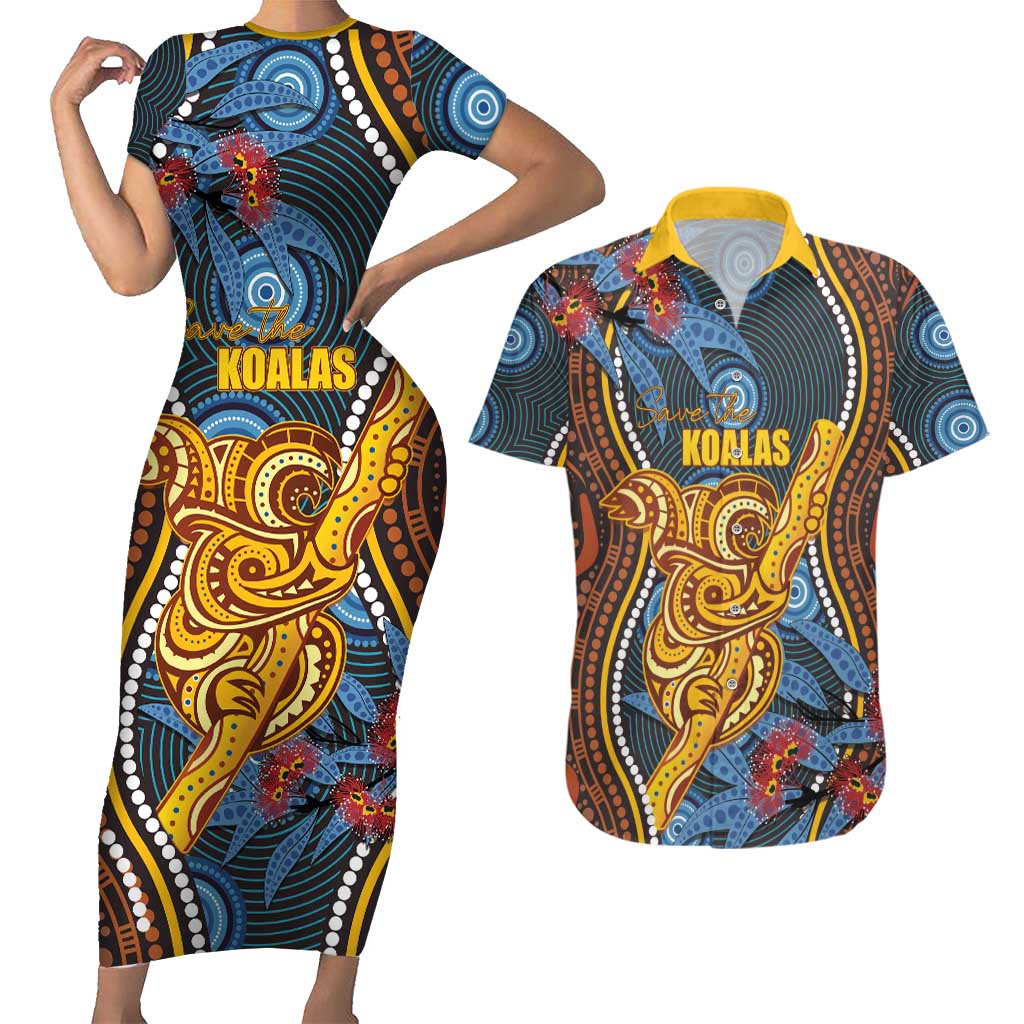 Aboriginal Dot Painting Koala Bear Personalised Couples Matching Short Sleeve Bodycon Dress and Hawaiian Shirt Aussie Eucalyptus Caesia Flowers