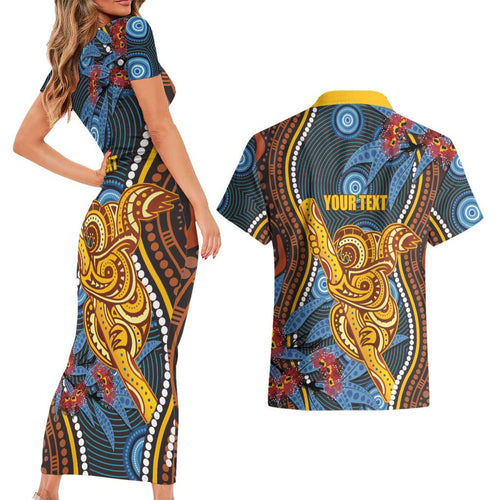 Aboriginal Dot Painting Koala Bear Personalised Couples Matching Short Sleeve Bodycon Dress and Hawaiian Shirt Aussie Eucalyptus Caesia Flowers