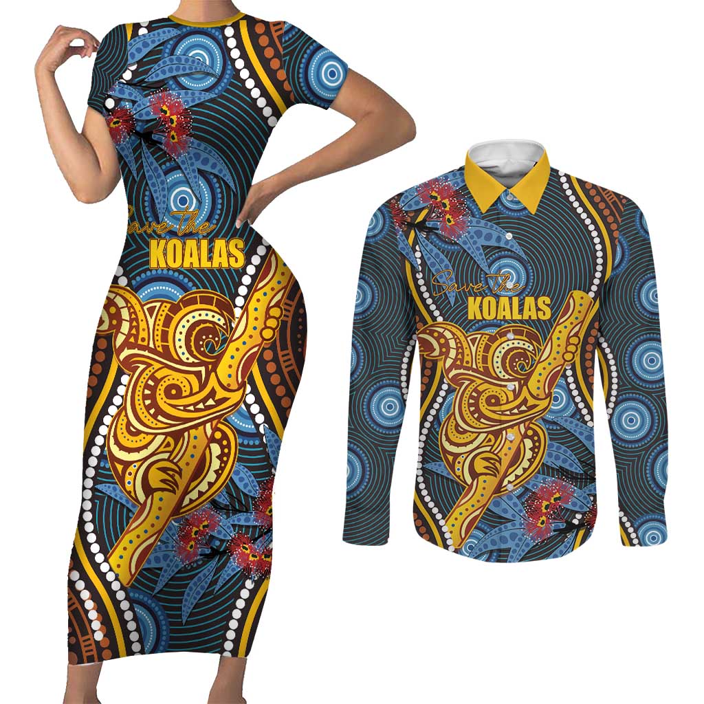 Aboriginal Dot Painting Koala Bear Personalised Couples Matching Short Sleeve Bodycon Dress and Long Sleeve Button Shirt Aussie Eucalyptus Caesia Flowers