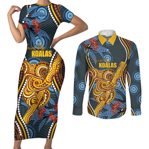 Aboriginal Dot Painting Koala Bear Personalised Couples Matching Short Sleeve Bodycon Dress and Long Sleeve Button Shirt Aussie Eucalyptus Caesia Flowers