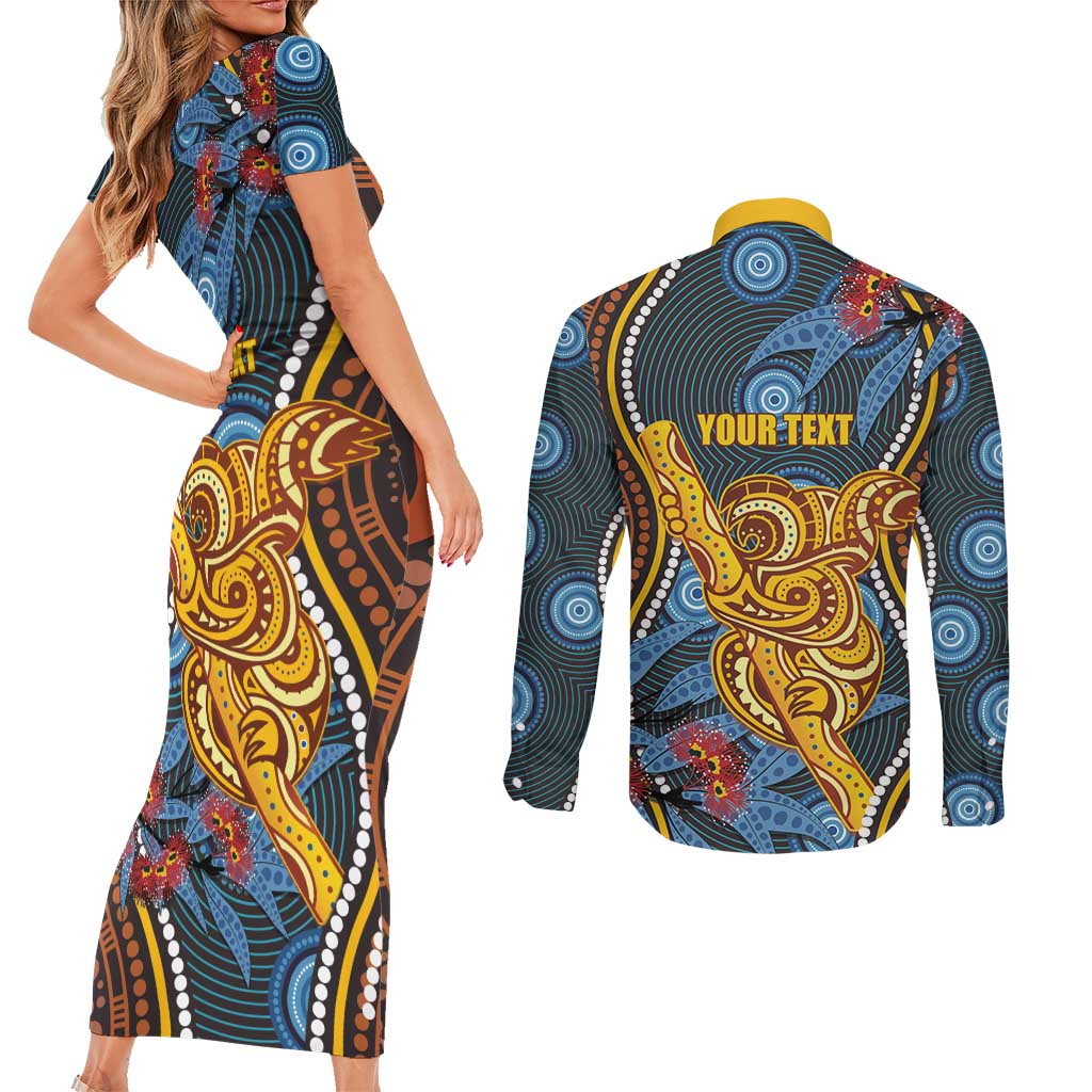 Aboriginal Dot Painting Koala Bear Personalised Couples Matching Short Sleeve Bodycon Dress and Long Sleeve Button Shirt Aussie Eucalyptus Caesia Flowers