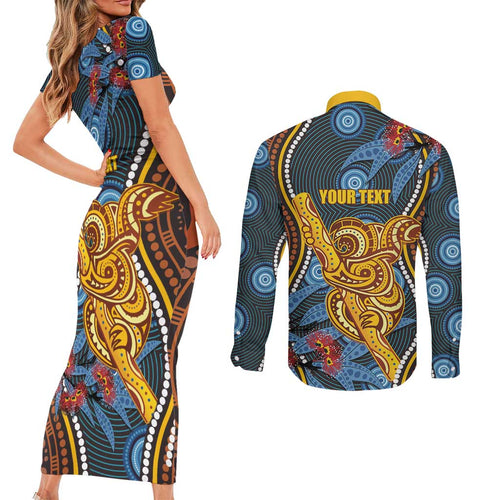 Aboriginal Dot Painting Koala Bear Personalised Couples Matching Short Sleeve Bodycon Dress and Long Sleeve Button Shirt Aussie Eucalyptus Caesia Flowers