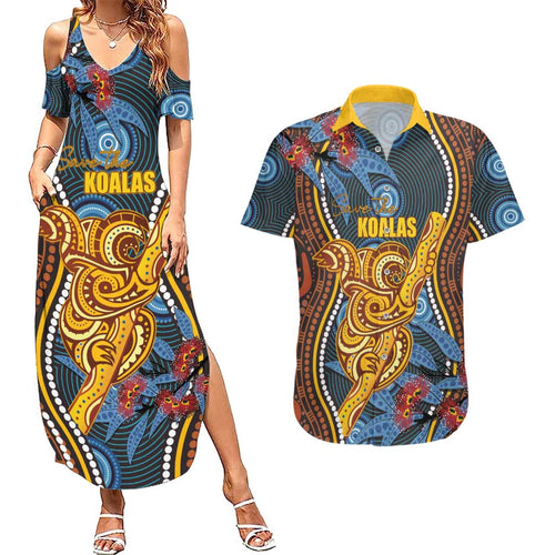 Aboriginal Dot Painting Koala Bear Personalised Couples Matching Summer Maxi Dress and Hawaiian Shirt Aussie Eucalyptus Caesia Flowers
