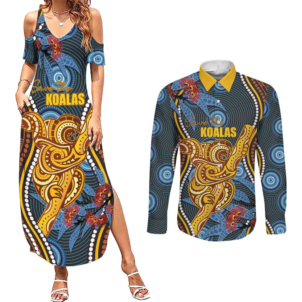 Aboriginal Dot Painting Koala Bear Personalised Couples Matching Summer Maxi Dress and Long Sleeve Button Shirt Aussie Eucalyptus Caesia Flowers