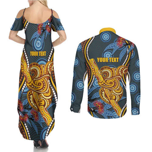 Aboriginal Dot Painting Koala Bear Personalised Couples Matching Summer Maxi Dress and Long Sleeve Button Shirt Aussie Eucalyptus Caesia Flowers