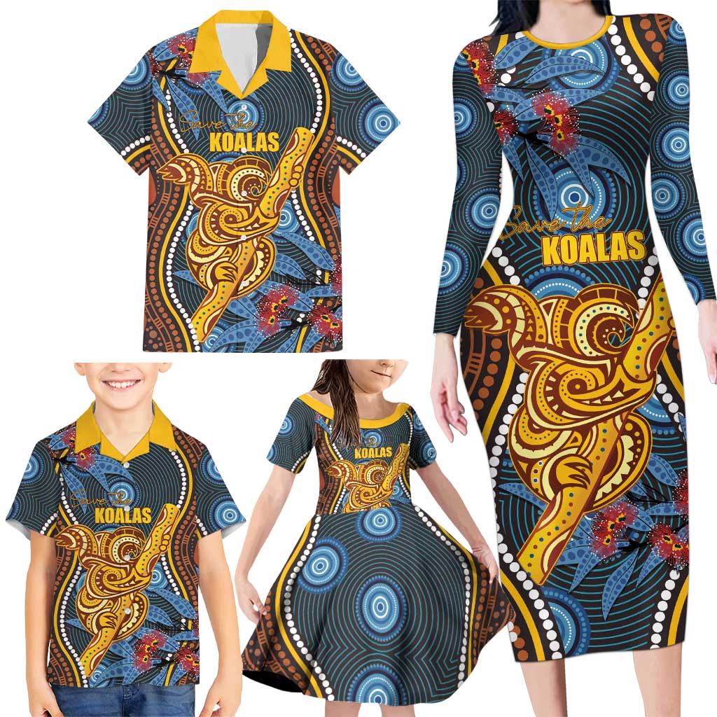 Aboriginal Dot Painting Koala Bear Personalised Family Matching Long Sleeve Bodycon Dress and Hawaiian Shirt Aussie Eucalyptus Caesia Flowers