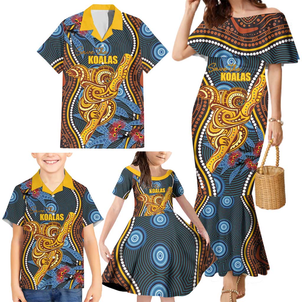 Aboriginal Dot Painting Koala Bear Personalised Family Matching Mermaid Dress and Hawaiian Shirt Aussie Eucalyptus Caesia Flowers
