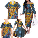 Aboriginal Dot Painting Koala Bear Personalised Family Matching Off The Shoulder Long Sleeve Dress and Hawaiian Shirt Aussie Eucalyptus Caesia Flowers