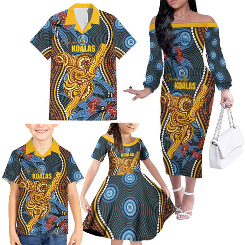 Aboriginal Dot Painting Koala Bear Personalised Family Matching Off The Shoulder Long Sleeve Dress and Hawaiian Shirt Aussie Eucalyptus Caesia Flowers