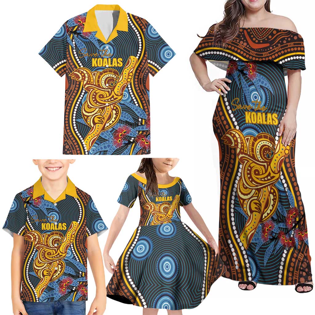 Aboriginal Dot Painting Koala Bear Personalised Family Matching Off Shoulder Maxi Dress and Hawaiian Shirt Aussie Eucalyptus Caesia Flowers