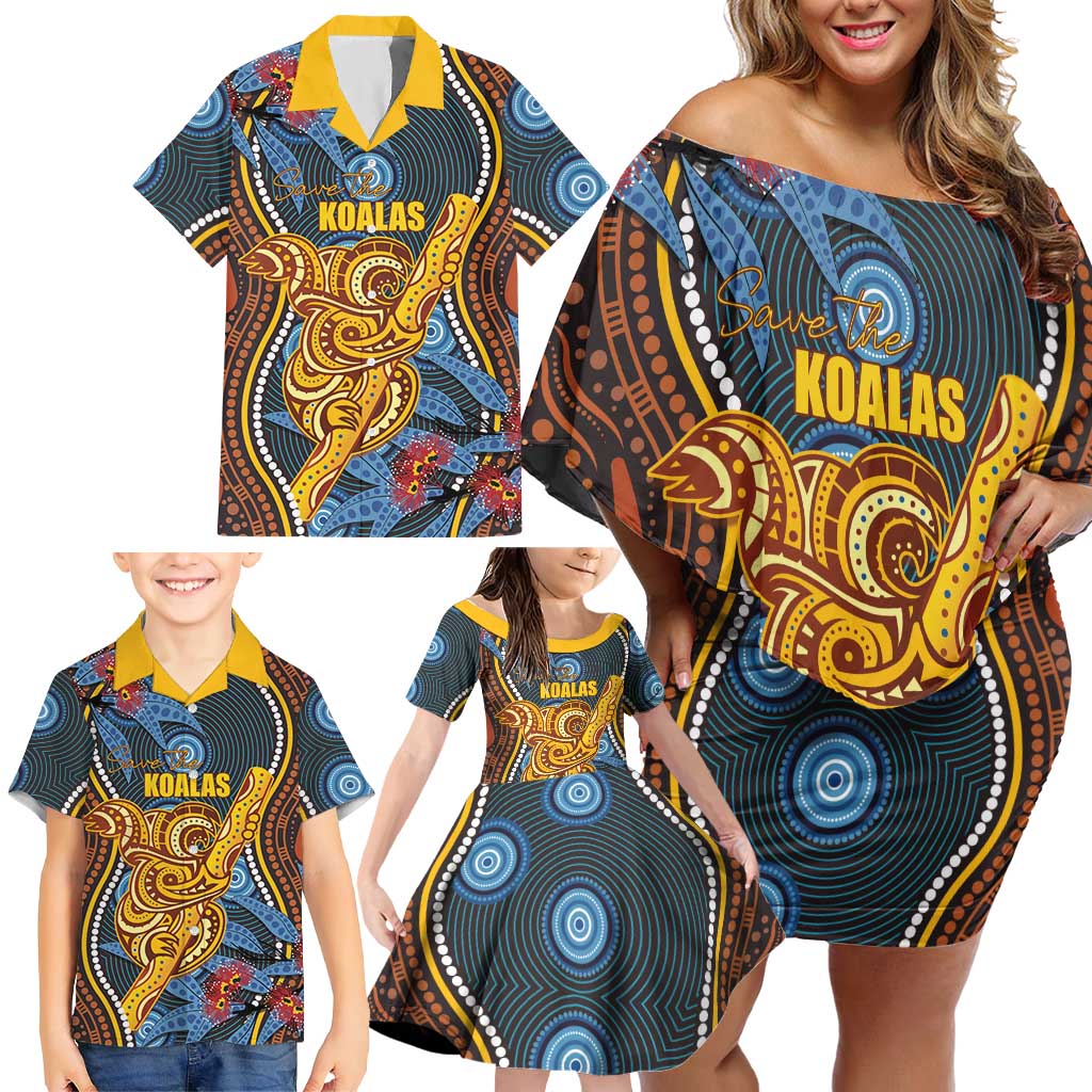 Aboriginal Dot Painting Koala Bear Personalised Family Matching Off Shoulder Short Dress and Hawaiian Shirt Aussie Eucalyptus Caesia Flowers