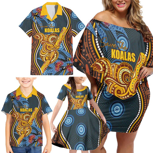 Aboriginal Dot Painting Koala Bear Personalised Family Matching Off Shoulder Short Dress and Hawaiian Shirt Aussie Eucalyptus Caesia Flowers