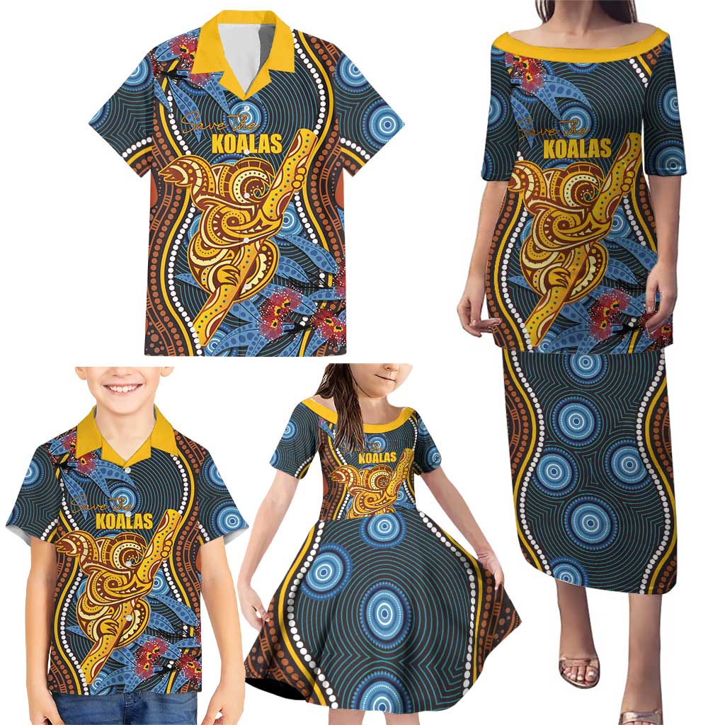 Aboriginal Dot Painting Koala Bear Personalised Family Matching Puletasi and Hawaiian Shirt Aussie Eucalyptus Caesia Flowers