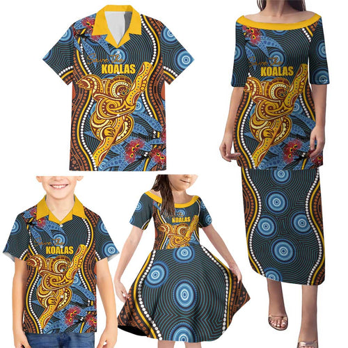 Aboriginal Dot Painting Koala Bear Personalised Family Matching Puletasi and Hawaiian Shirt Aussie Eucalyptus Caesia Flowers
