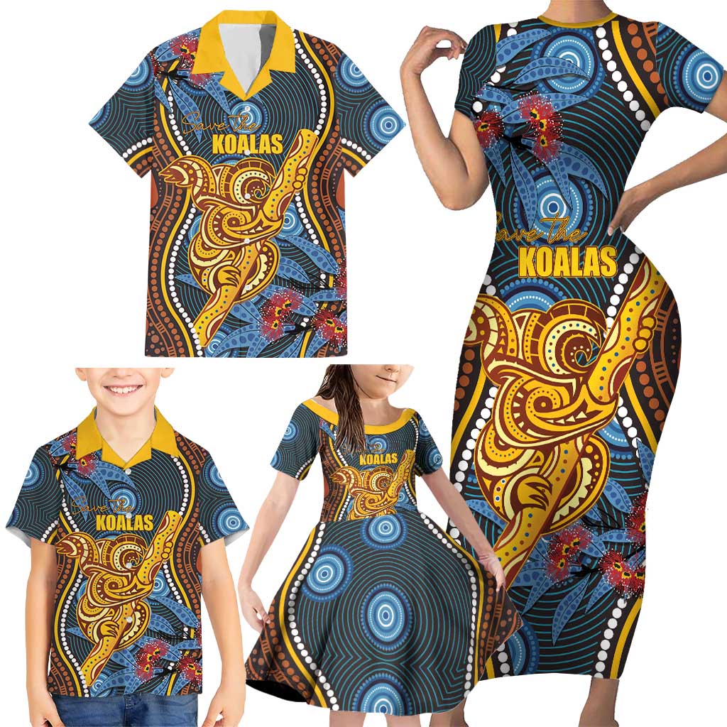 Aboriginal Dot Painting Koala Bear Personalised Family Matching Short Sleeve Bodycon Dress and Hawaiian Shirt Aussie Eucalyptus Caesia Flowers