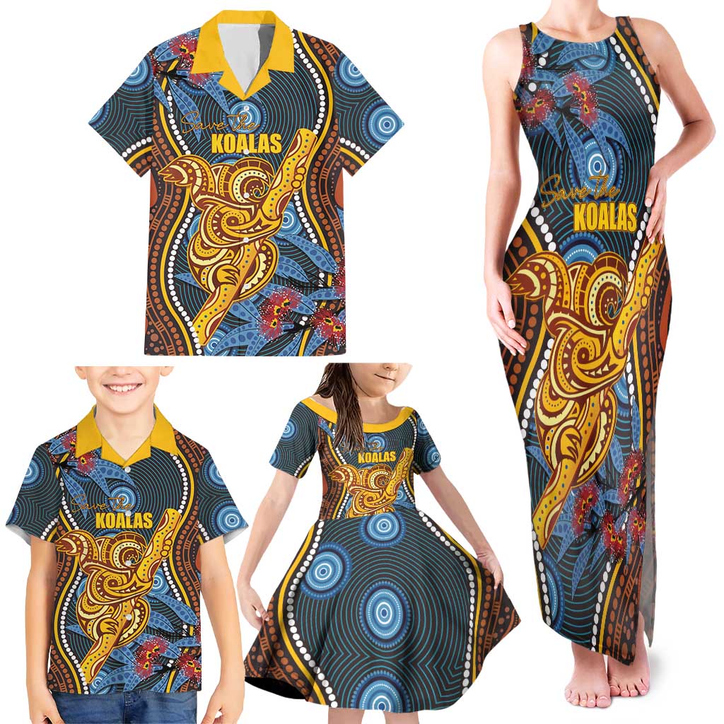Aboriginal Dot Painting Koala Bear Personalised Family Matching Tank Maxi Dress and Hawaiian Shirt Aussie Eucalyptus Caesia Flowers