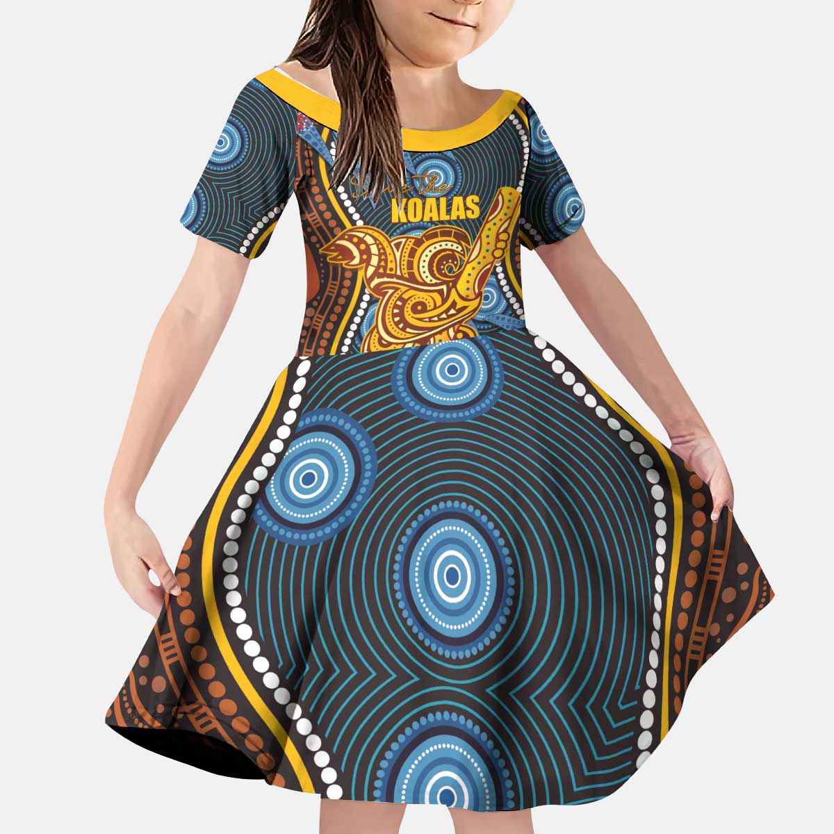 Aboriginal Dot Painting Koala Bear Personalised Kid Short Sleeve Dress Aussie Eucalyptus Caesia Flowers
