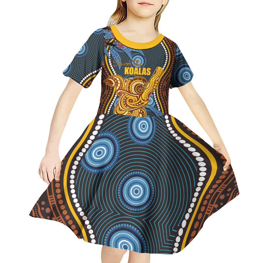 Aboriginal Dot Painting Koala Bear Personalised Kid Short Sleeve Dress Aussie Eucalyptus Caesia Flowers