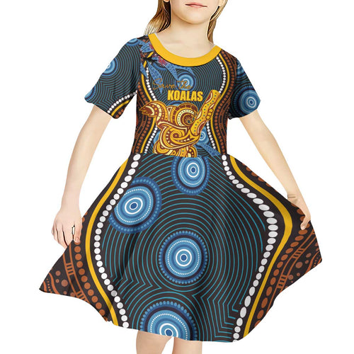 Aboriginal Dot Painting Koala Bear Personalised Kid Short Sleeve Dress Aussie Eucalyptus Caesia Flowers