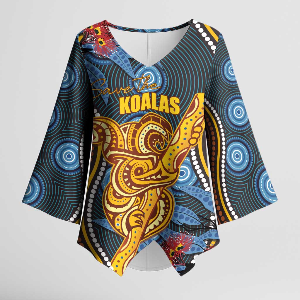 Aboriginal Dot Painting Koala Bear Personalised Kimono Sleeve Blouse Aussie Eucalyptus Caesia Flowers