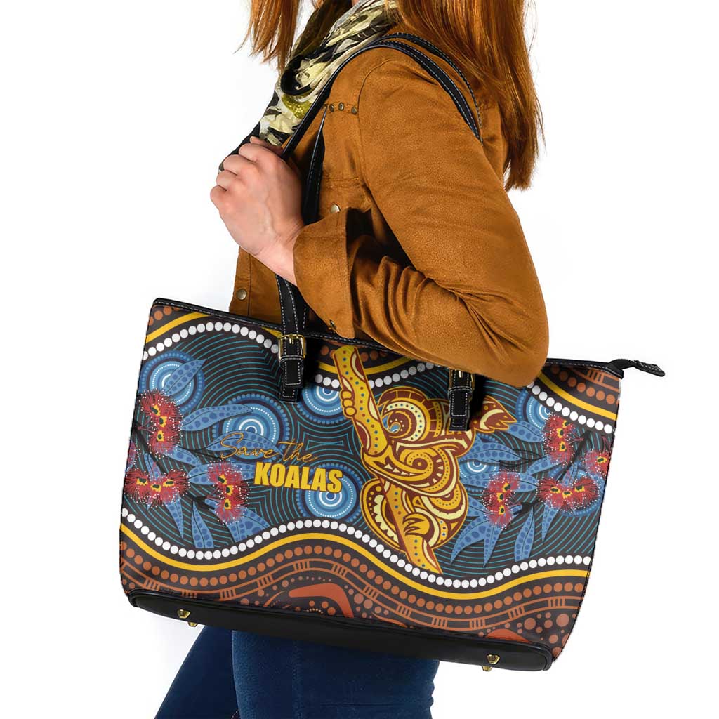 Aboriginal Dot Painting Koala Bear Leather Tote Bag Aussie Eucalyptus Caesia Flowers