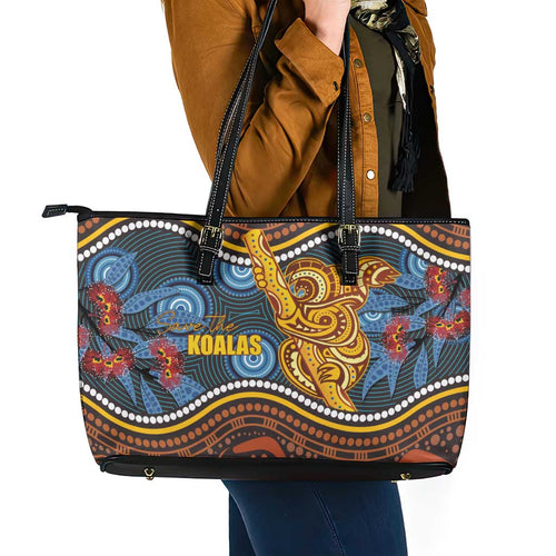 Aboriginal Dot Painting Koala Bear Leather Tote Bag Aussie Eucalyptus Caesia Flowers