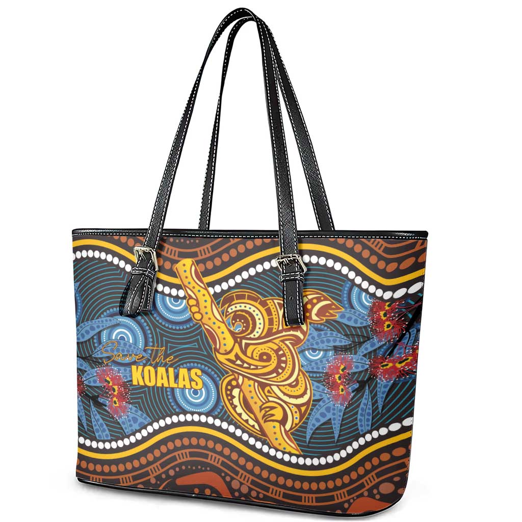 Aboriginal Dot Painting Koala Bear Leather Tote Bag Aussie Eucalyptus Caesia Flowers