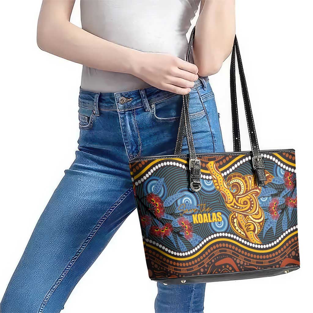 Aboriginal Dot Painting Koala Bear Leather Tote Bag Aussie Eucalyptus Caesia Flowers