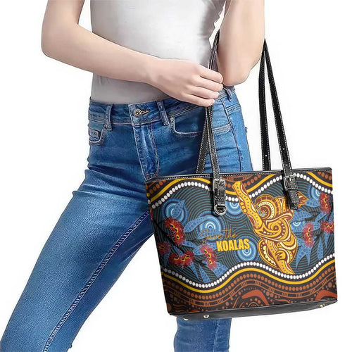 Aboriginal Dot Painting Koala Bear Leather Tote Bag Aussie Eucalyptus Caesia Flowers
