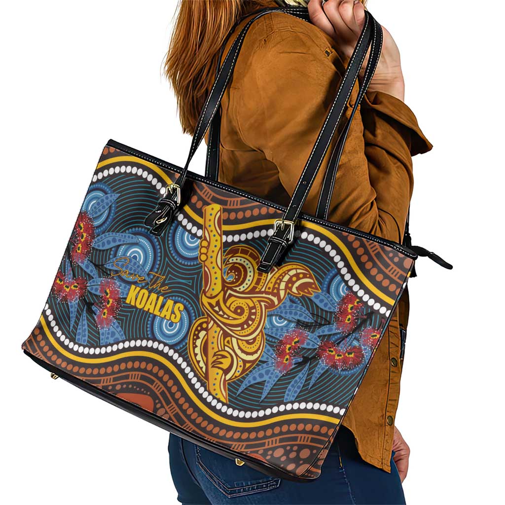 Aboriginal Dot Painting Koala Bear Leather Tote Bag Aussie Eucalyptus Caesia Flowers