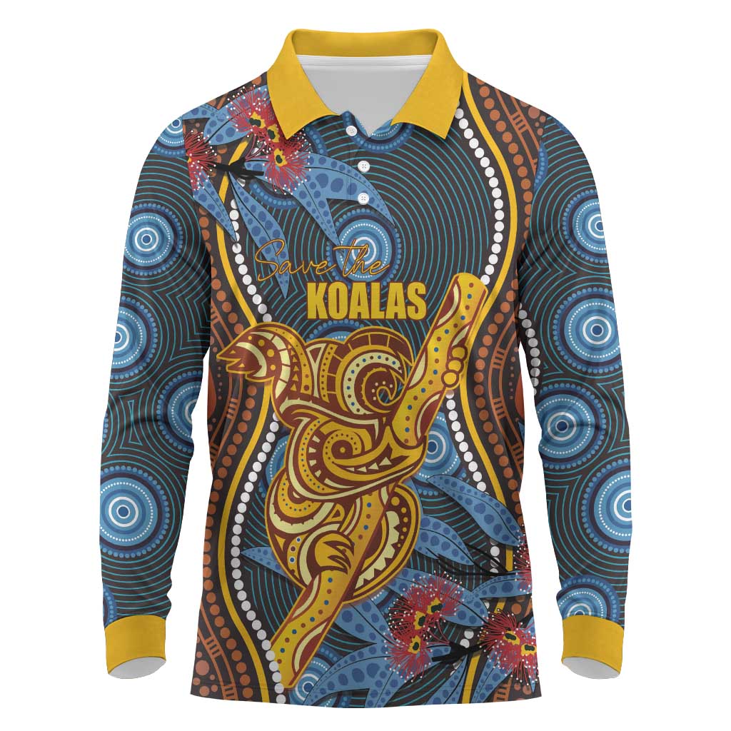 Aboriginal Dot Painting Koala Bear Personalised Long Sleeve Polo Shirt Aussie Eucalyptus Caesia Flowers