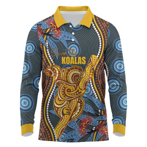 Aboriginal Dot Painting Koala Bear Personalised Long Sleeve Polo Shirt Aussie Eucalyptus Caesia Flowers