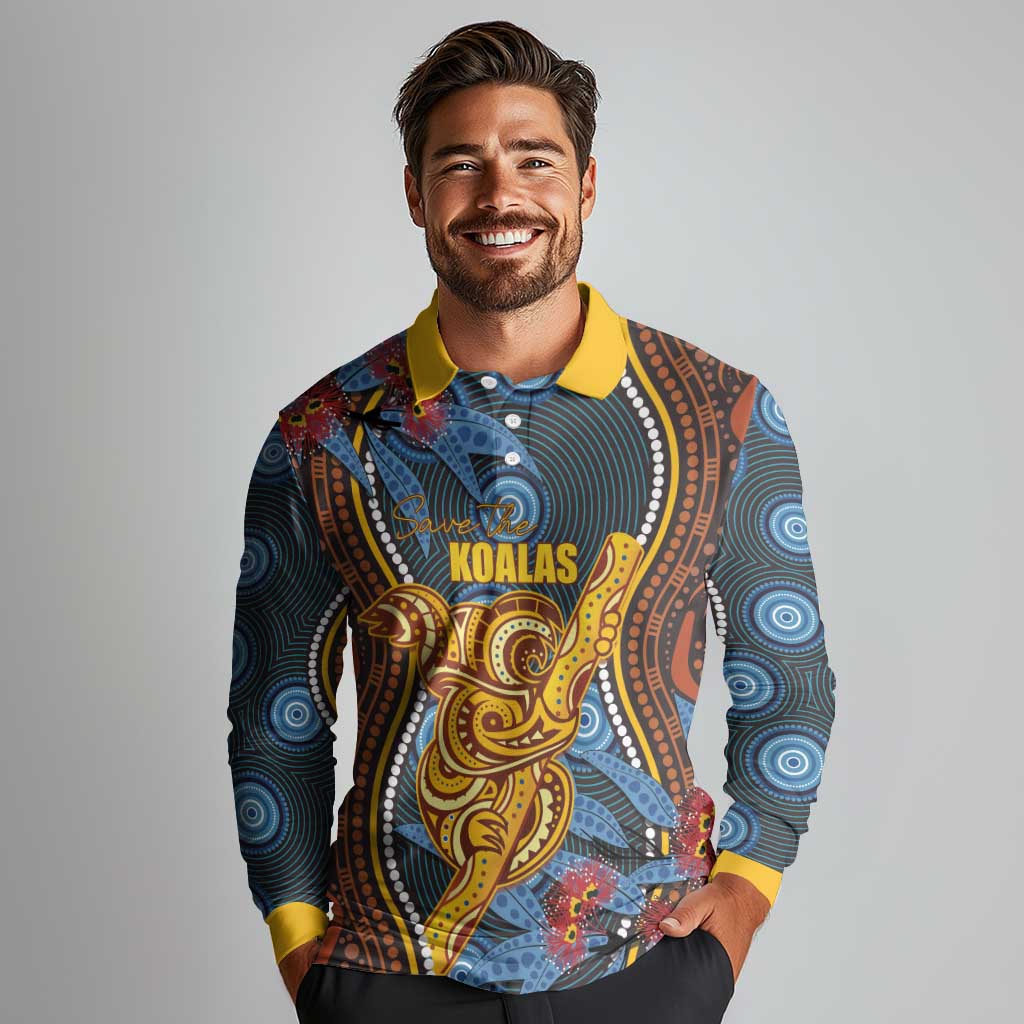 Aboriginal Dot Painting Koala Bear Personalised Long Sleeve Polo Shirt Aussie Eucalyptus Caesia Flowers