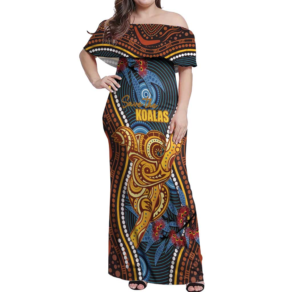 Aboriginal Dot Painting Koala Bear Personalised Off Shoulder Maxi Dress Aussie Eucalyptus Caesia Flowers